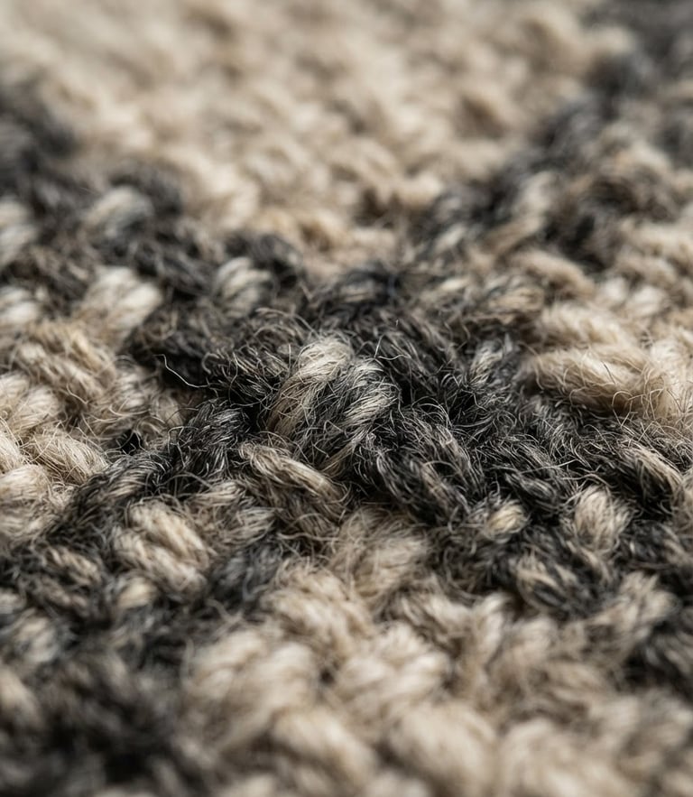 Macro extreme close-up of heavy-gauge weave structure, undyed wool threads in oatmeal and charcoal tones, soft north-facing window light casting deep shadows, shallow depth of field, 35mm