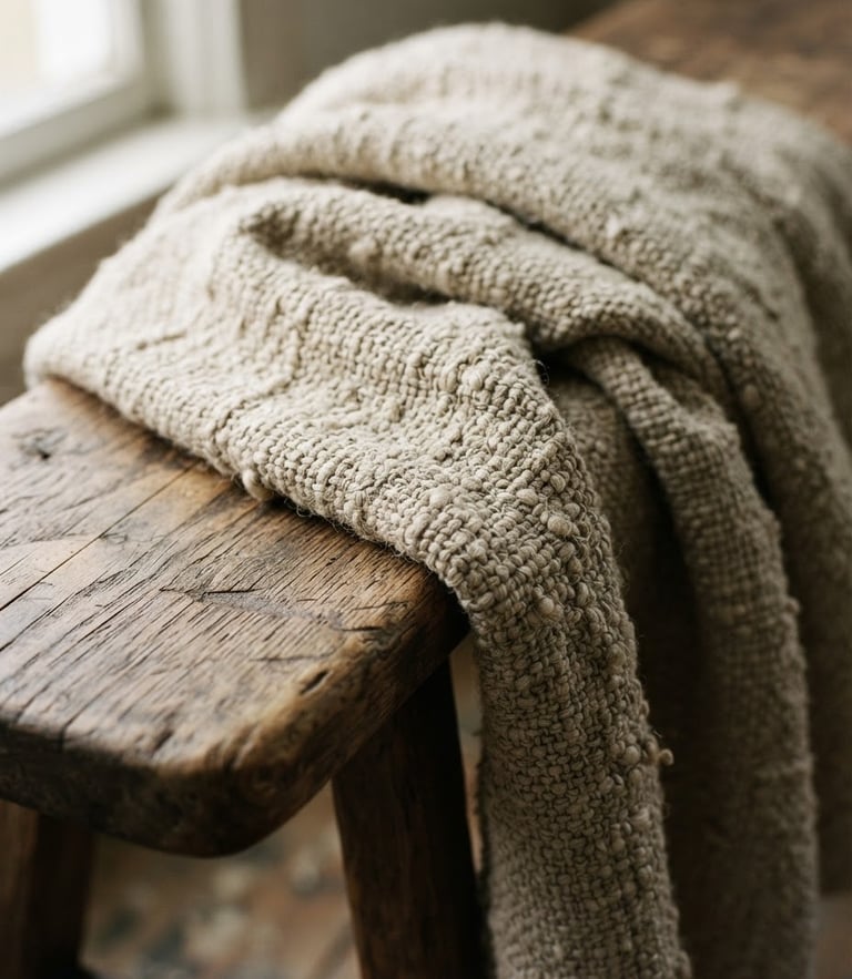 Macro detail shot of a heavy-gauge organic linen blanket draped over a rustic wooden bench, soft side window light, shallow depth of field