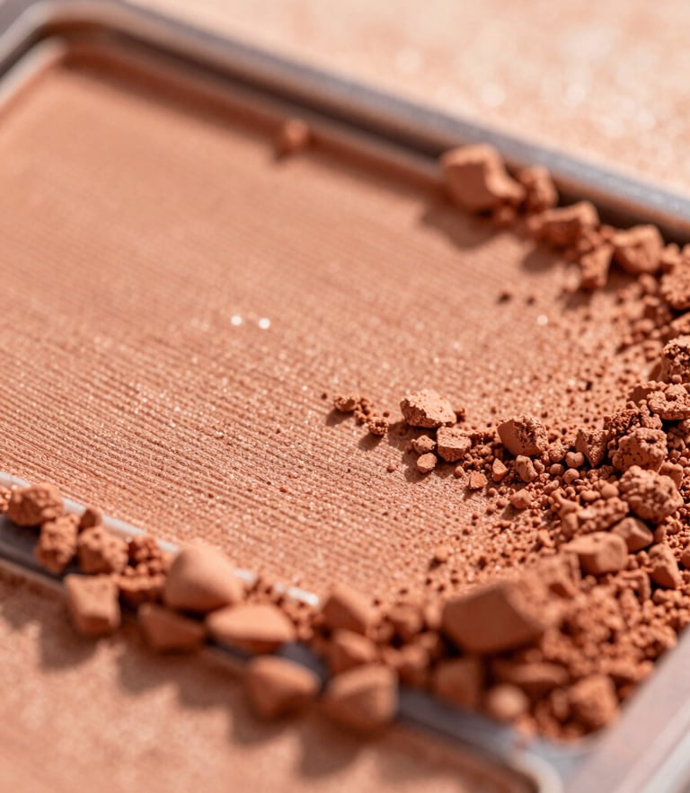Macro shot of warm terracotta makeup powder texture, soft golden hour side-lighting, shallow depth of field