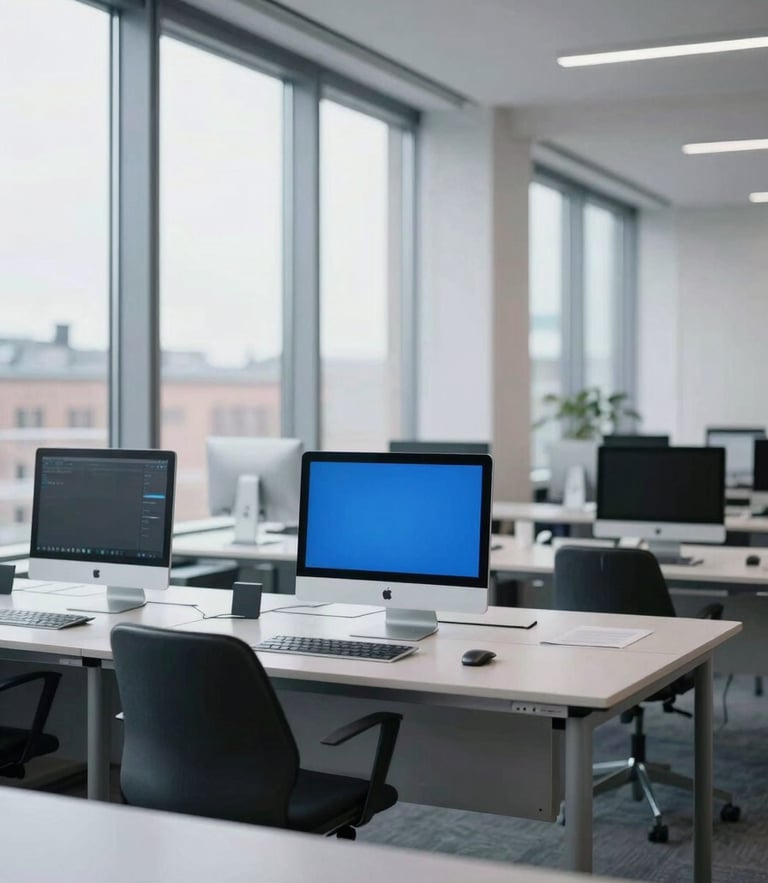 A minimalist Helsinki workspace with large windows, cool natural daylight, clean digital screens in the background, 35mm