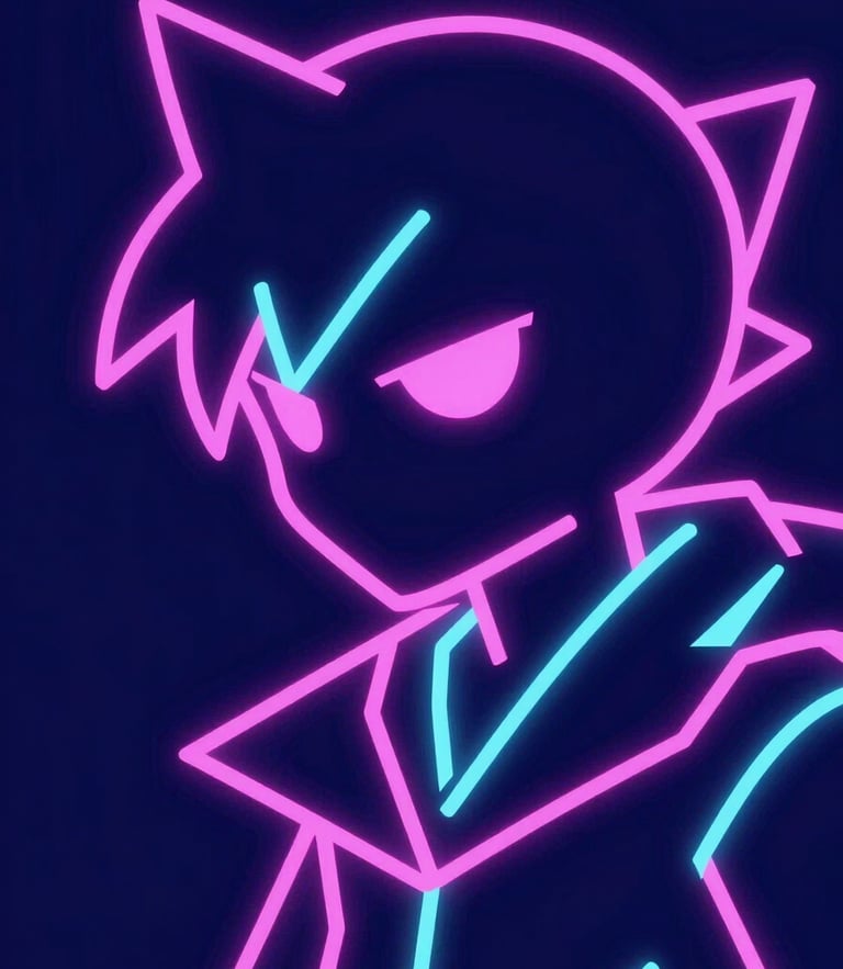 Close-up of a vibrant 2D vector character animation, luminous neon pink and cyan strokes on a deep midnight blue canvas, sharp geometric lines, high-contrast digital art