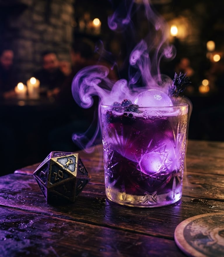 Macro shot of a glowing violet, smoking cocktail next to heavy metal d20 dice on a dark mahogany tavern table, neon rim lighting, shallow depth of field.