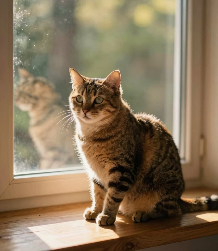 A serene domestic cat sitting on a sunlit wooden windowsill, warm golden-hour light filtering through, soft indoor home environment, shallow depth of field.