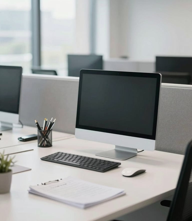 A bright corporate modern workspace with a clean desk setup, soft natural daylight, cool tones, 35mm