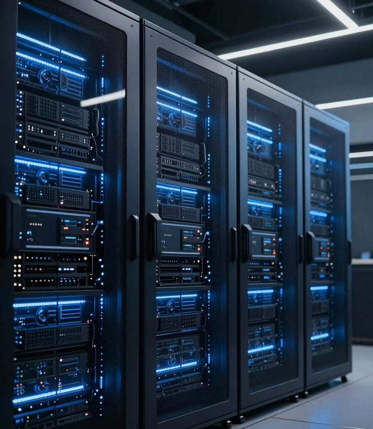 Sleek dark-mode technology photography of modern architectural lines of a secure data center hub with cool blue backlights, sharp focus, 35mm lens, neon accents.