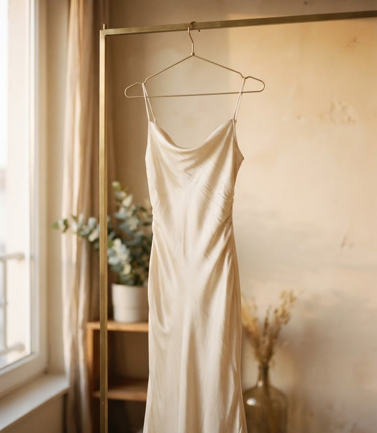 Soft golden-hour window light illuminating a luxurious silk dress hanging on a minimalist brass rack, warm champagne background, editorial fashion photography style