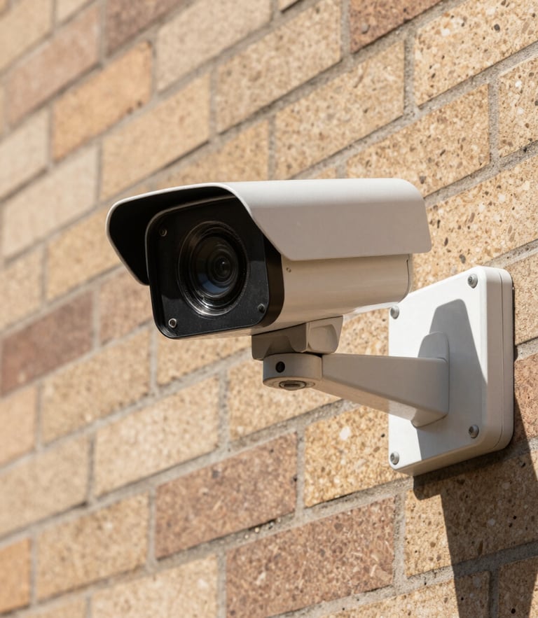 Close-up of a high-end CCTV camera mounted cleanly on an architectural brick wall in bright Perth daylight, sharp shadows.