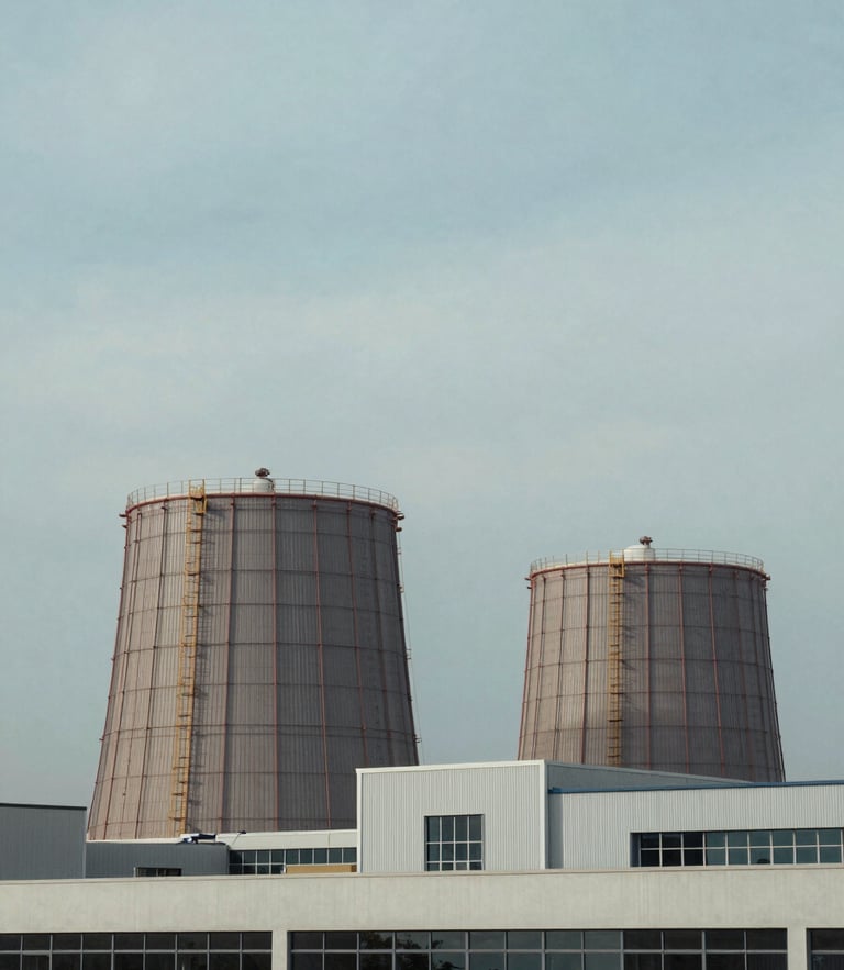 An architectural perspective of a modern industrial energy facility under a soft overcast sky, desaturated blue tones, 35mm corporate photography
