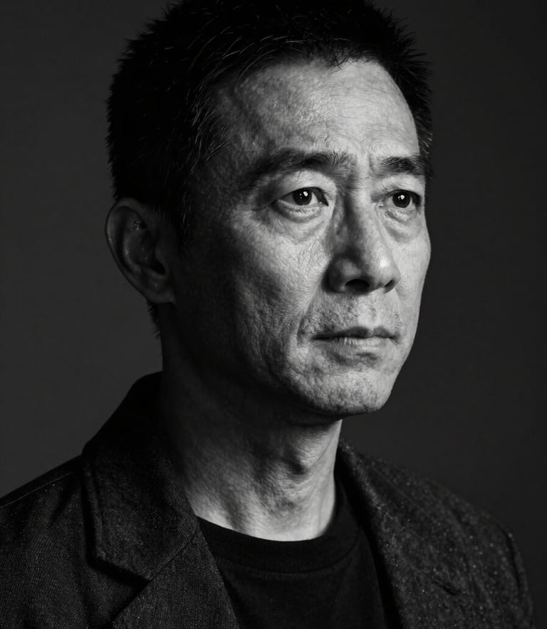High-contrast black and white portrait of director Marcus Chen looking off-camera, dramatic chiaroscuro lighting, dark studio background