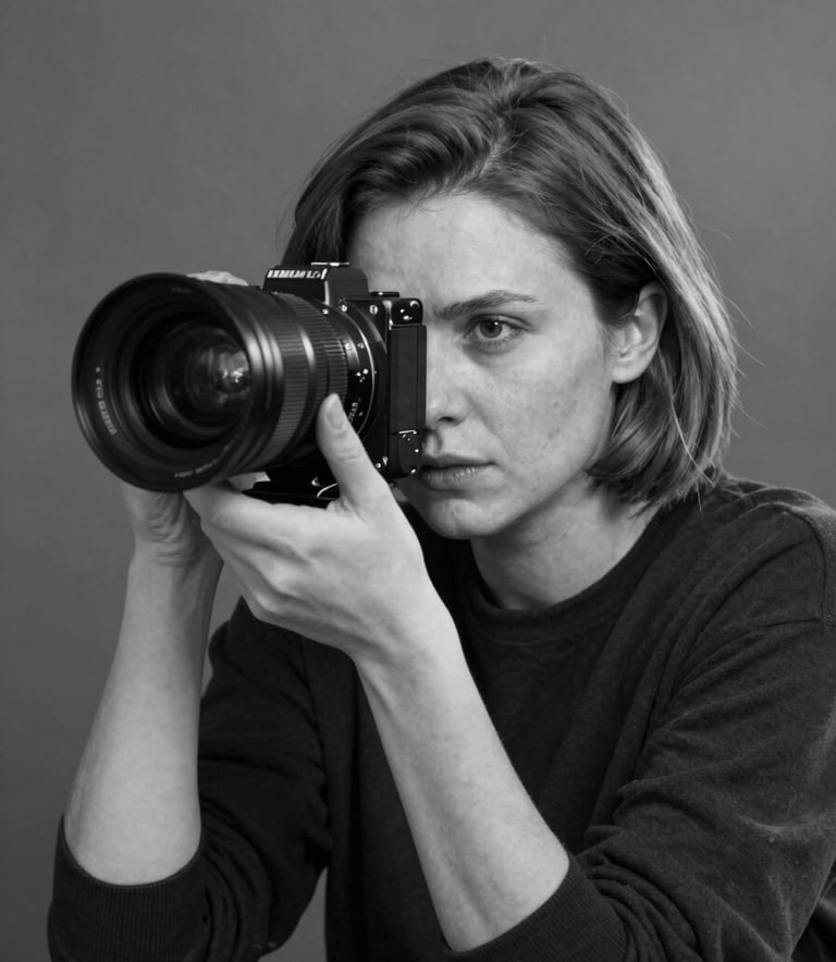 Moody black and white portrait of director Elena Rostova looking through an anamorphic camera viewfinder, dark set, soft atmospheric haze