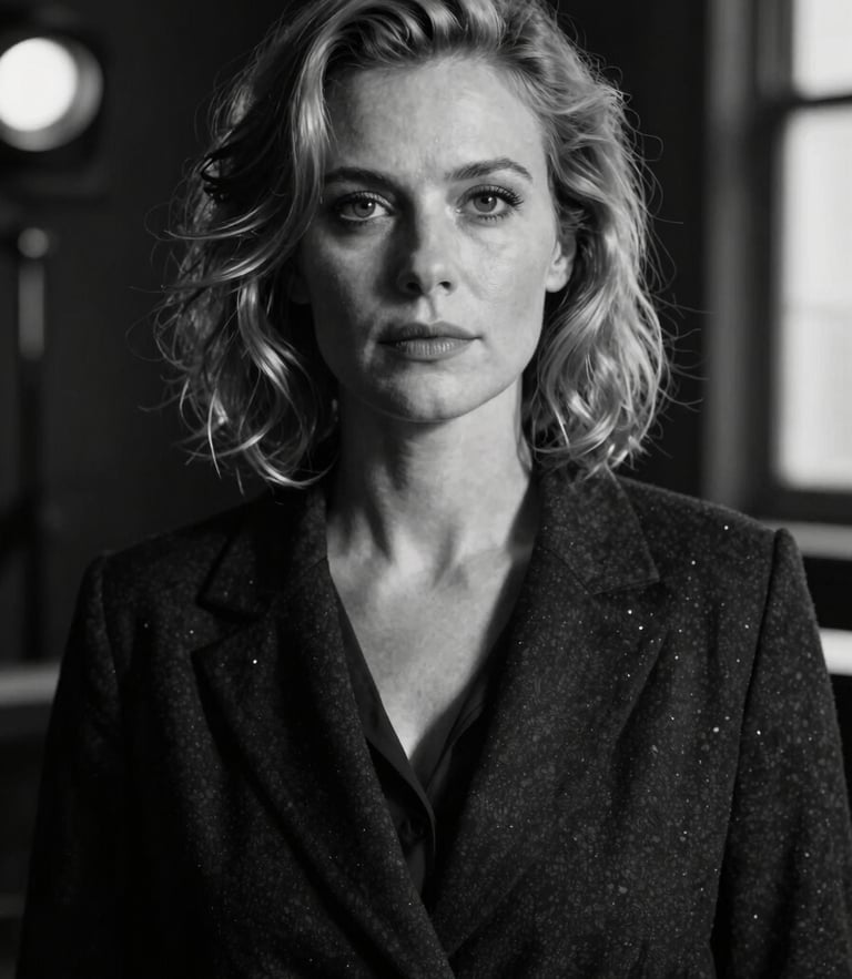 High-contrast black and white portrait of director Helena Vance on a dark cinematic set, low-key lighting, dramatic shadows
