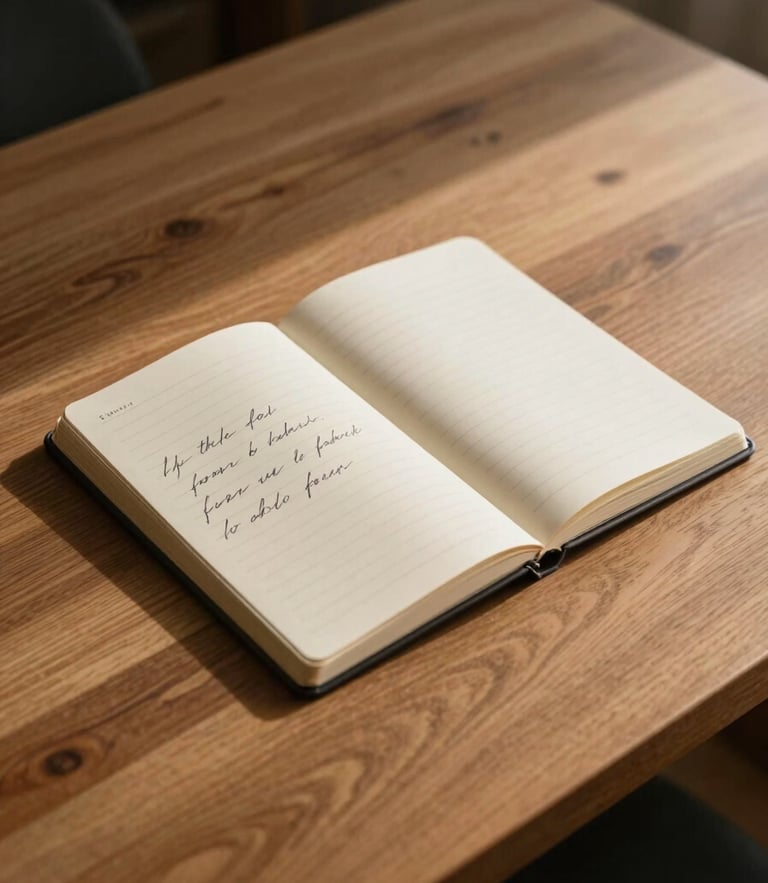 Soft, indirect daylight casting gentle shadows across an empty oak reading desk, a single open notebook with elegant handwriting, minimalist styling.