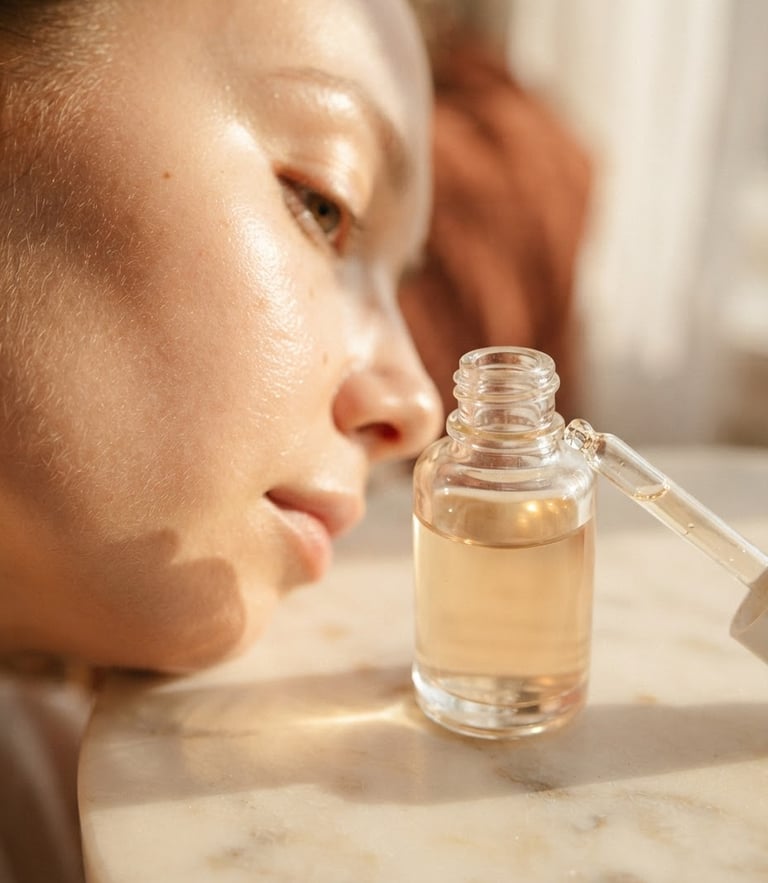 Close-up of clean, dewy skin with soft golden-hour window light reflecting off a glass dropper bottle on sunlit marble, warm cream tones, shallow depth of field