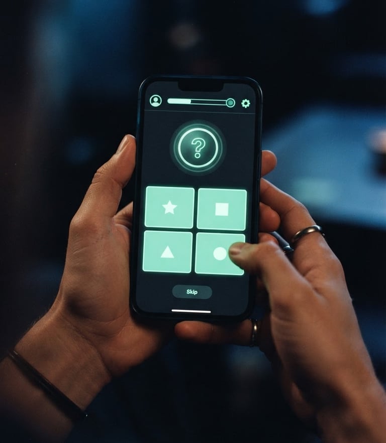 A high-fidelity mobile app mockup displaying a sleek, dark-themed trivia interface with vivid mint green accents, held in hands under moody, soft ambient screen glow, 35mm.