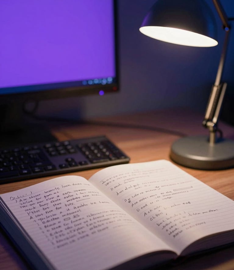 Moody editorial photograph of a modern workspace with a lit desk lamp, open notebooks with handwritten trivia drafts, and a subtle electric violet screen glow in the background, 35mm