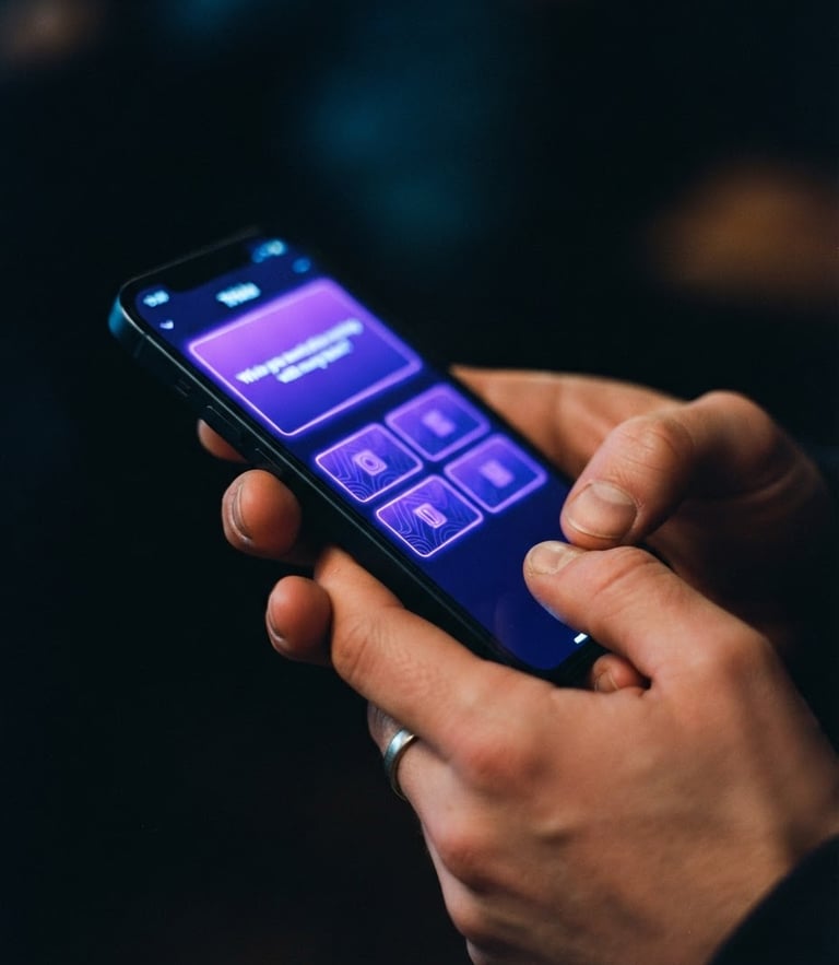Close-up macro shot of hands holding a smartphone displaying a clean trivia interface with electric violet accents, soft ambient screen glow, moody dark background, 35mm