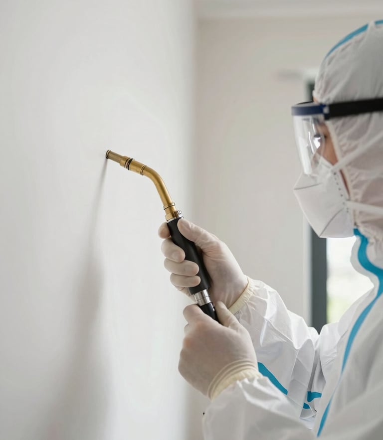Close-up of a professional technician in a white protective suit and mask, holding a precise brass nozzle, inspecting a clean residential wall under bright daylight.