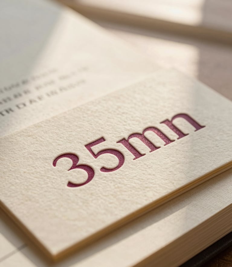 Close-up macro shot of debossed warm ivory business cards with deep plum typography, soft gold gilded edges, resting on a linen notebook under diffused window light, 35mm