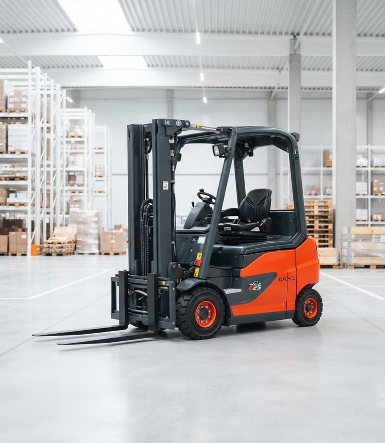Stationary electric counterbalance forklift in a bright high-key warehouse, clean concrete floor, sharp focus, 35mm lens