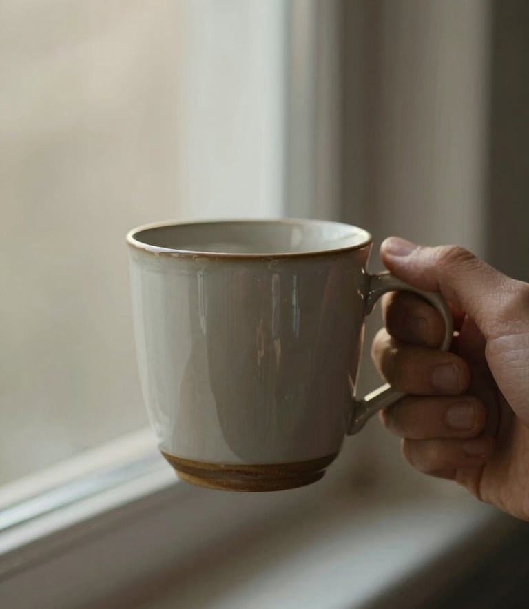 Close-up detail of a hand holding a warm ceramic mug, soft morning light filtering through a window, quiet negative space.