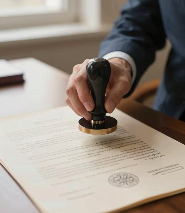 Close-up of a state-commissioned notary public stamping an official document with a steel seal, warm natural window light, professional desk setting, 35mm.