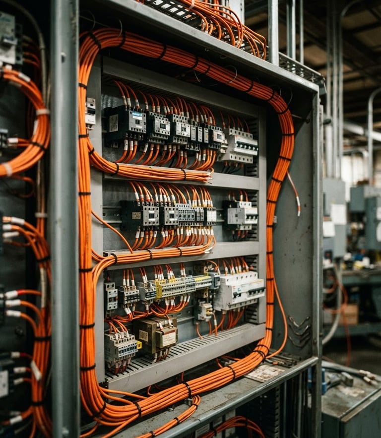 Close-up of industrial electrical control panel with safety orange wiring, sharp focus, 35mm lens