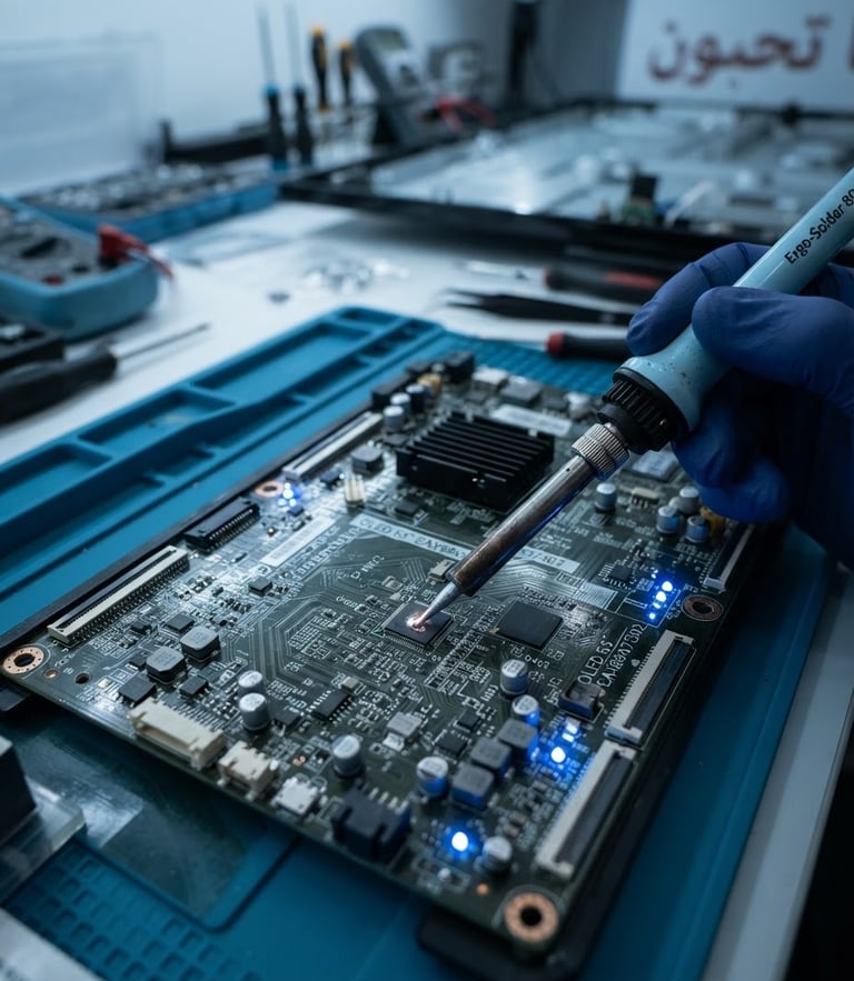 Macro shot of a high-precision soldering iron repairing an OLED television motherboard, glowing blue diagnostic lights, clean organized technical workbench in Al Karama, cool crisp lighting