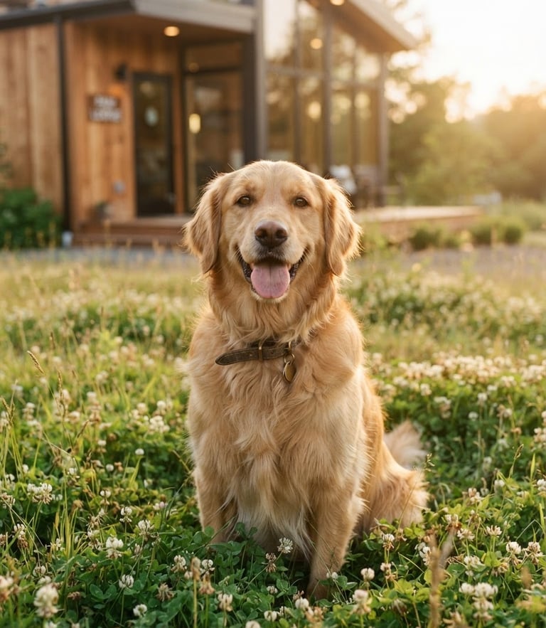 Eye-level portrait of a happy golden retriever sitting in a sun-drenched clover field in front of a modern wood-and-glass dog hotel, soft golden hour light, 35mm photography