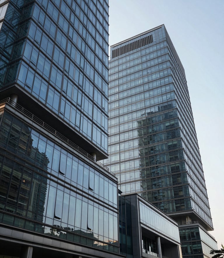 Architectural medium-wide shot of modern corporate headquarters in Mumbai under crisp morning daylight, sharp geometric glass facades reflecting the sky, clean structural lines.