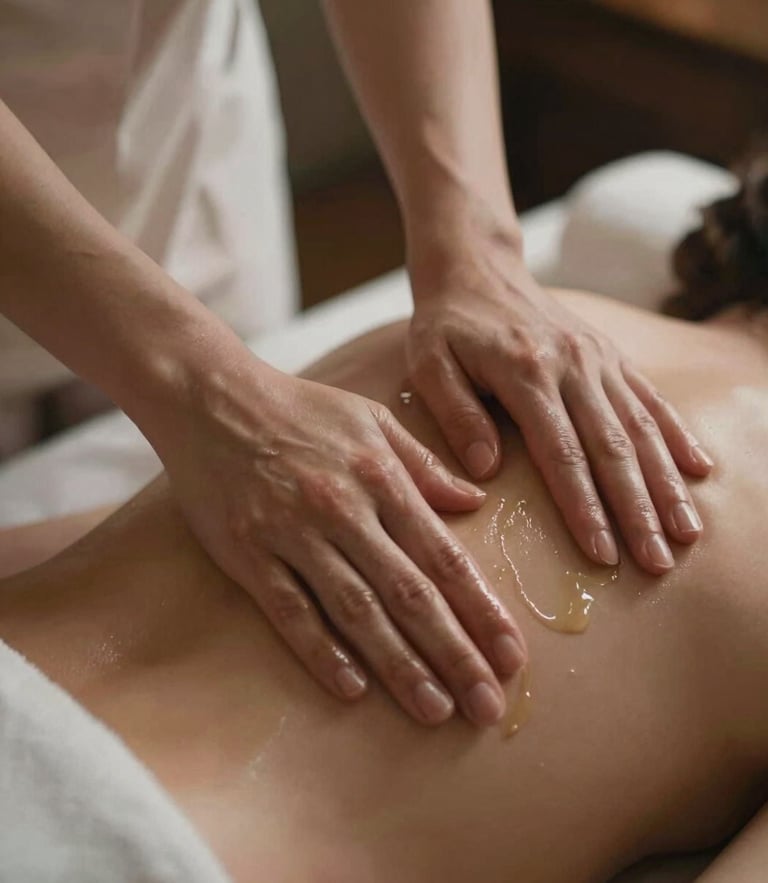 Close-up of hands applying warm massage oil on a back, soft low-key ambient light, elegant spa atmosphere, shallow depth of field