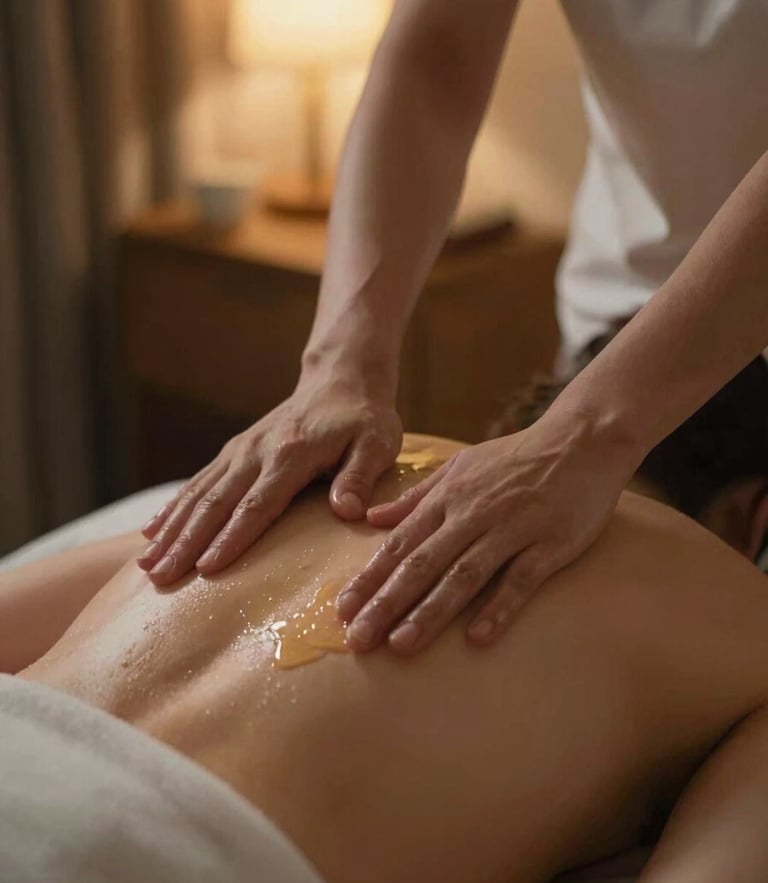 Close-up of professional therapist hands applying warm massage oil on back, soft low-key ambient lighting, golden hour glow, serene hotel room environment