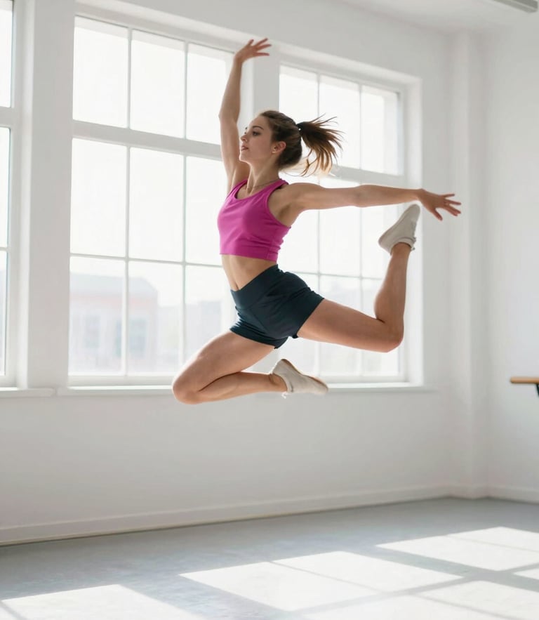 Dynamic motion blur of a contemporary dancer leaping in a sun-drenched white studio, natural window light, vibrant athletic energy, 35mm