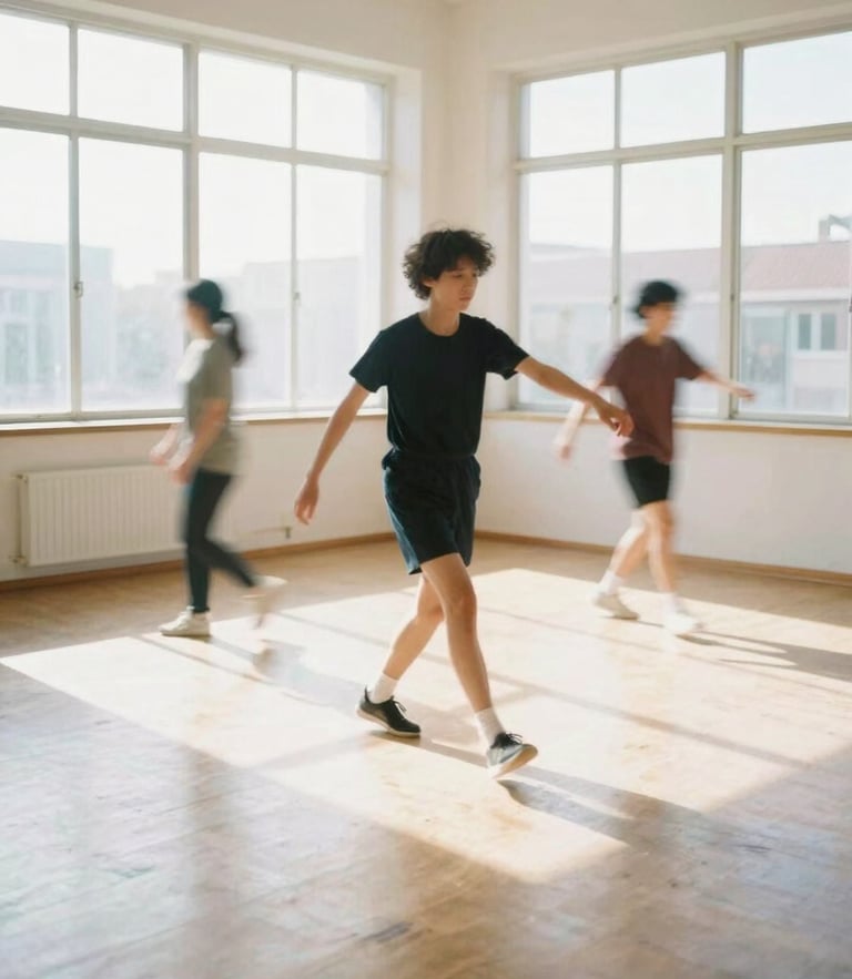 Sun-drenched empty dance studio floor with bright natural daylight streaming through large windows, dynamic motion blur, high-key photography, 35mm