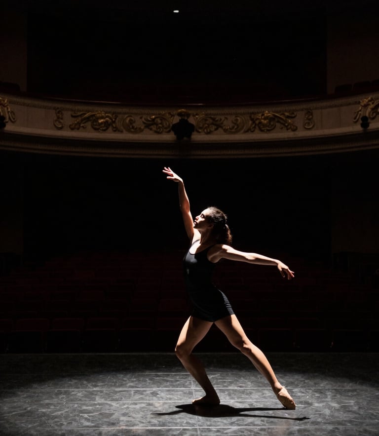Wide environmental shot of Victoria Holanda in mid-movement on a dark empty theater stage, high-contrast stage lighting, dramatic shadows, muted monochrome with warm undertones, 35mm.