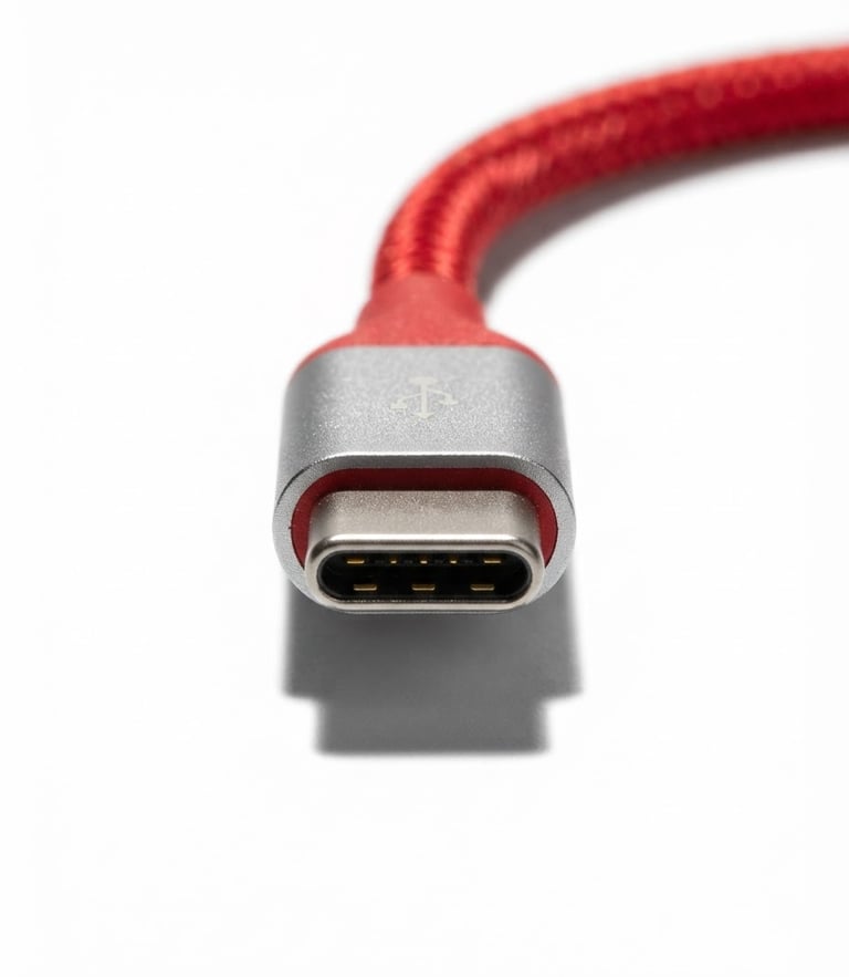 Macro studio shot of a vibrant red braided USB-C cable connector, sharp shadows, stark white background, high-key lighting