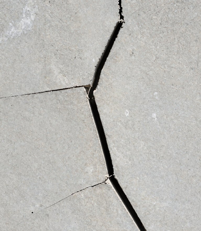 Macro shot of a severe hairline foundation crack in concrete basement wall, bright natural revealing light, no shadows, high-contrast structural details