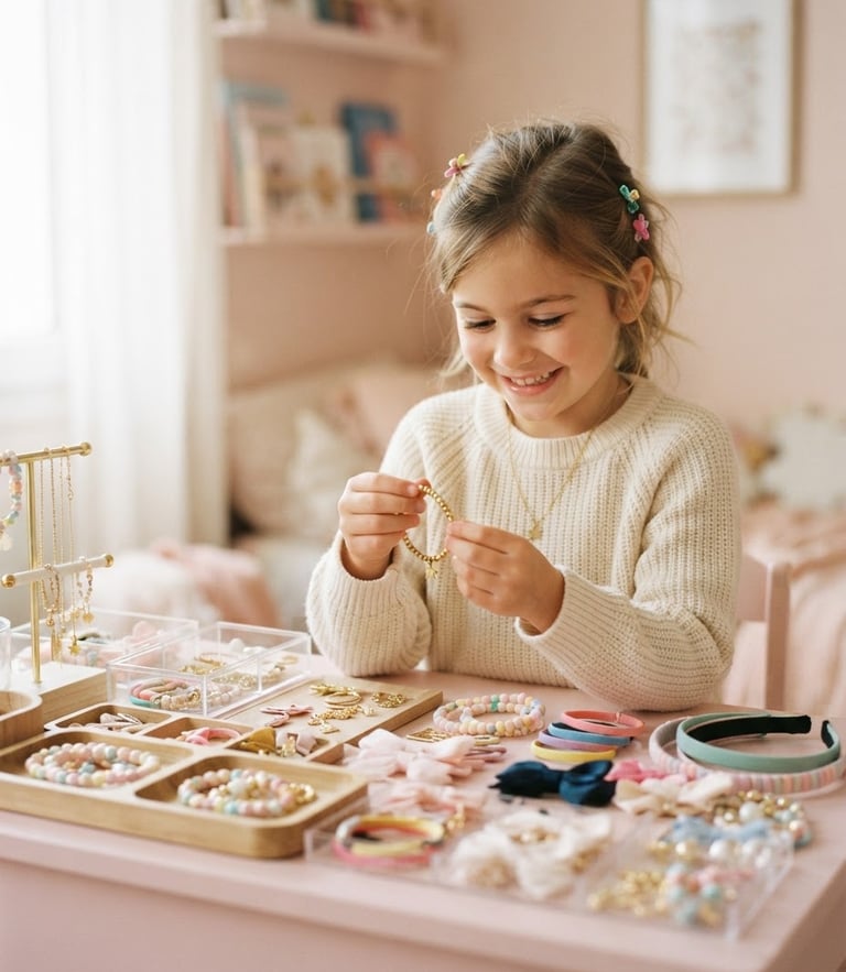 A warm portrait of 7-year-old Gala looking happily at her accessories inventory, soft natural window light, pastel pink background, shallow depth of field, 35mm
