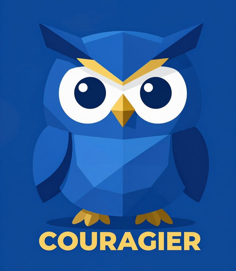 Premium flat vector illustration of the official COURAGIER mascot, a stylized geometric owl representing focus and intelligence, rendered in deep royal blue and gold accents, crisp digital studio lighting.