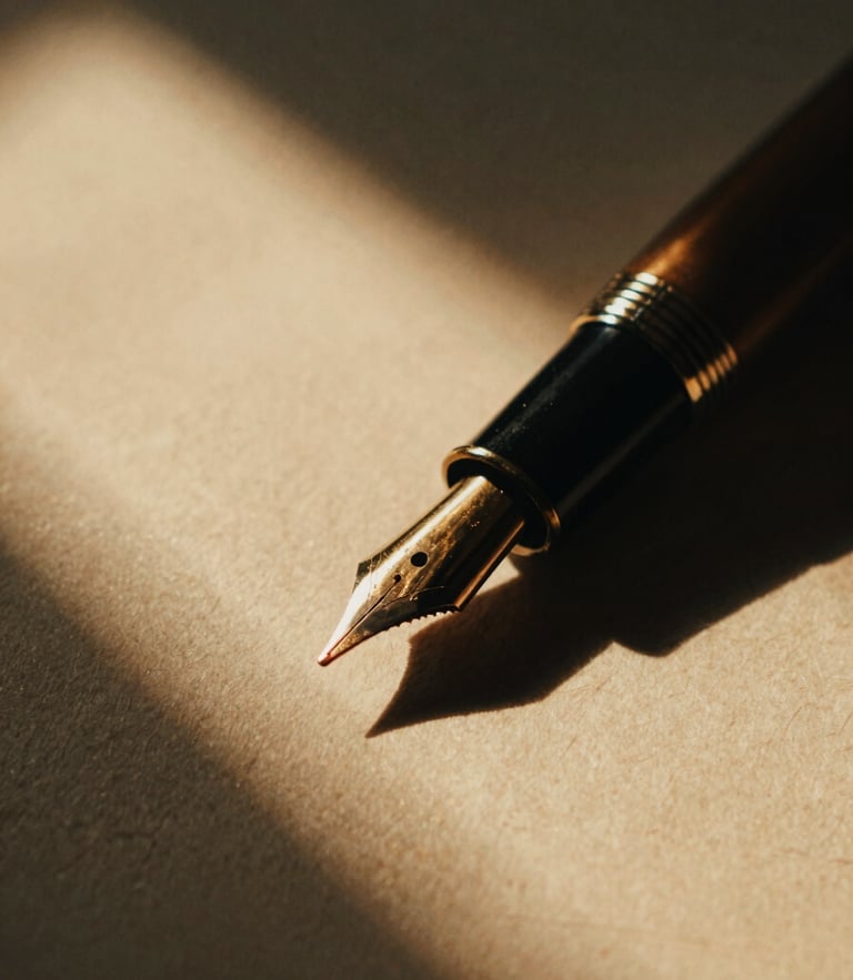 Extreme close-up of a vintage fountain pen resting on heavy cotton paper, warm golden-hour window light, dramatic chiaroscuro, 35mm film grain
