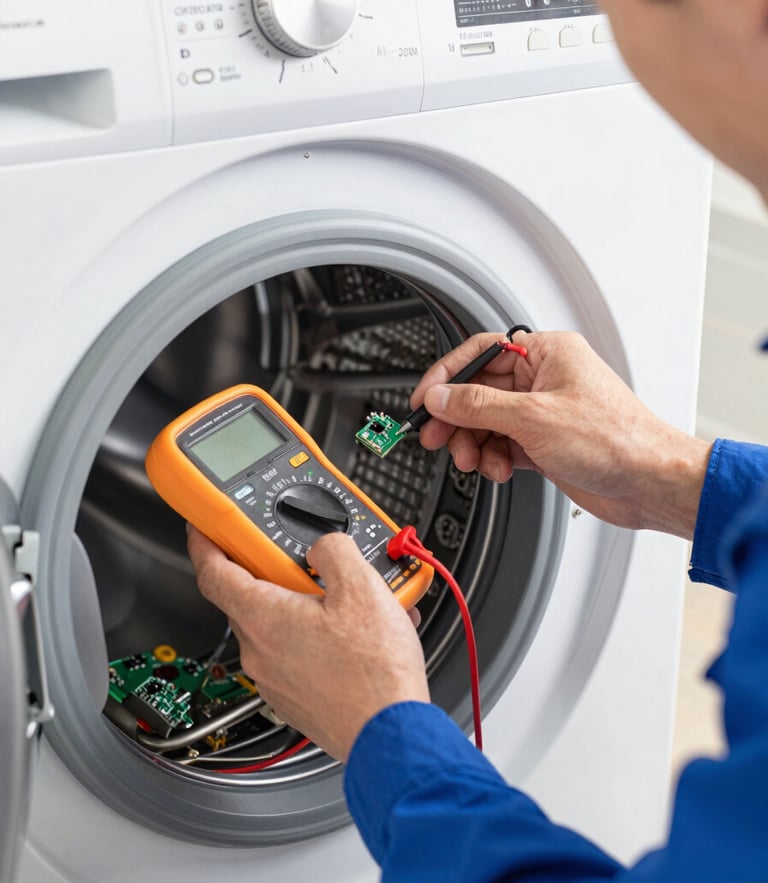 Close-up of a technician's hands in blue uniform using a digital multimeter to test a green circuit board inside a modern washing machine, bright clean daylight, sharp focus.