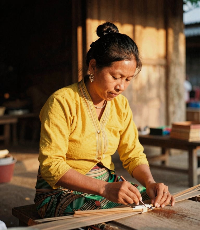 Intimate portrait of a local artisan in Chiang Mai, warm golden hour light, rich shadows, authentic 35mm film grain