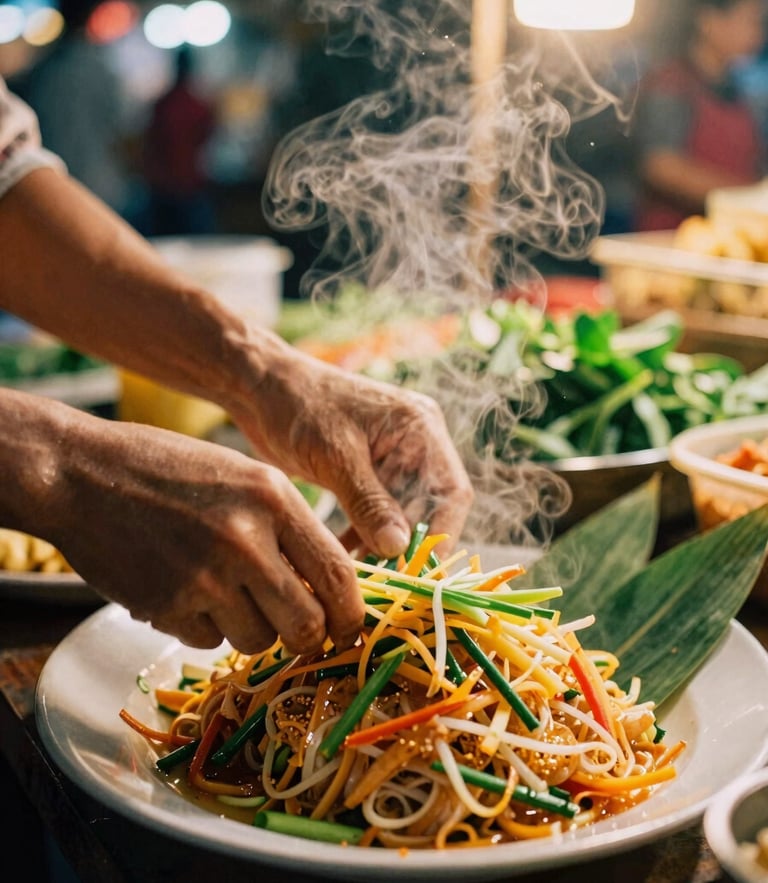 Close-up of hands preparing fresh pad thai at a vibrant night market stall in Chiang Mai, steam rising, warm ambient night light, rich colors, authentic 35mm documentary photography.