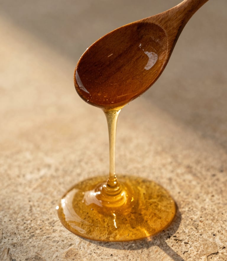 Overhead warm shot of organic honey dripping from a wooden spoon over a textured stone surface, soft golden hour side-lighting highlighting natural viscosity