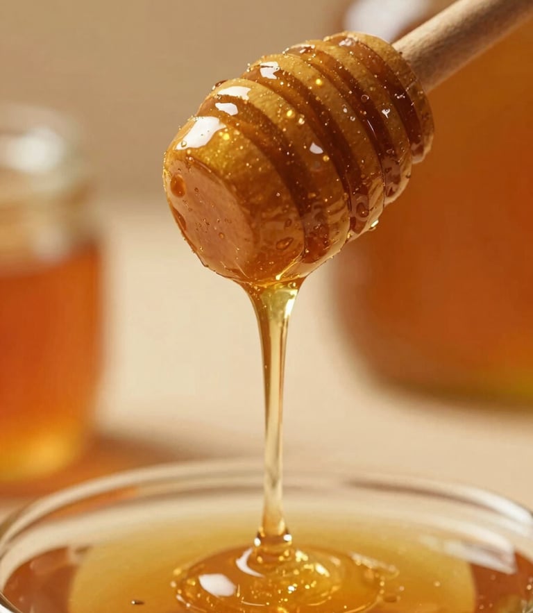Close-up of raw honey dripping slowly from a wooden dipper, warm side-lighting, soft focus, rich amber tones, editorial style.