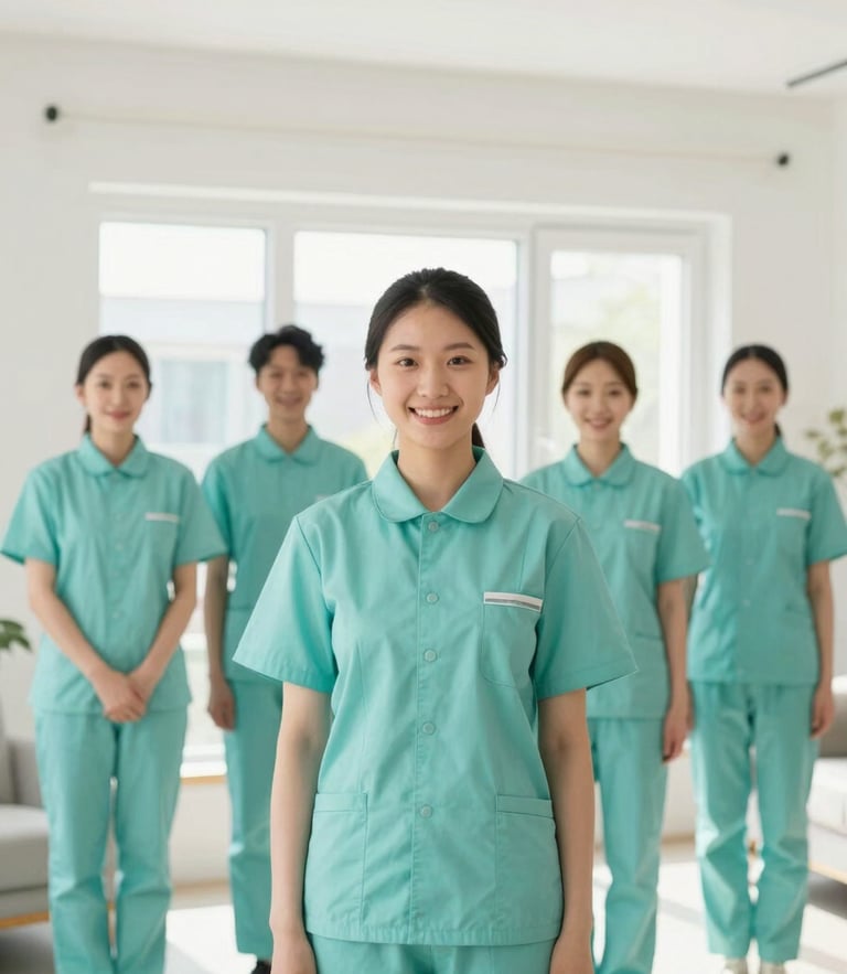 A bright, warm portrait of a professional cleaning team in neat teal uniforms, smiling in a sunlit, immaculate modern home, natural daylight, 35mm.
