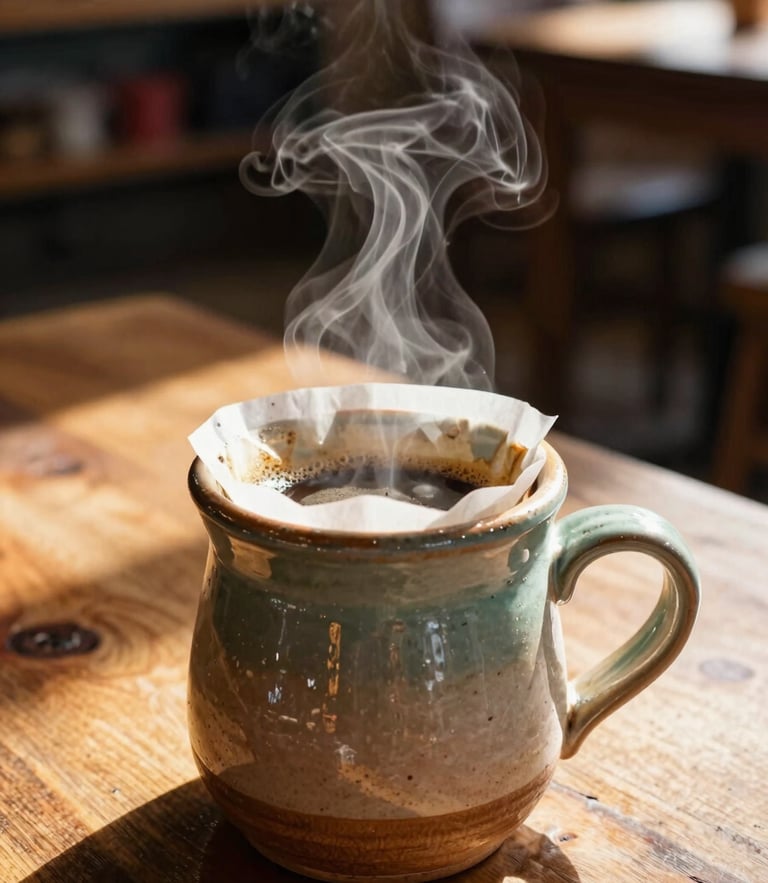 Warm sunlit close-up of a rustic ceramic mug with pour-over coffee, steam rising, on a textured wooden table in a cozy Chiapaneco cafe, shallow depth of field, 35mm