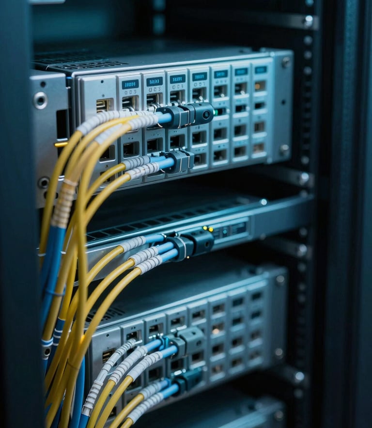 High-contrast, cool-toned macro photograph of fiber optic cabling inside an enterprise server rack, subtle teal ambient lighting, razor-sharp technical focus.