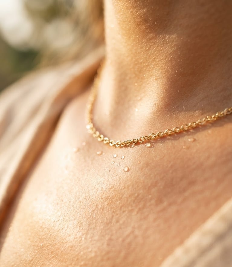 Macro shot of a gold chain necklace on sun-drenched skin, water droplets glistening on the metal, warm natural afternoon light