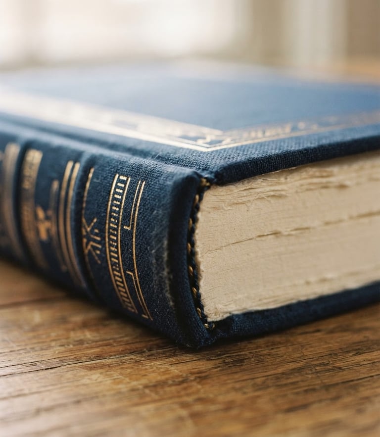 Close-up of a high-quality physical book showing textured paper and binding, soft window light, rich navy tones, shallow depth of field, 35mm