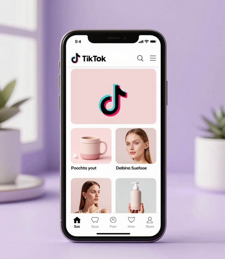 Close-up mobile screen displaying a beautifully curated TikTok shop on a pastel lavender background, bright aesthetic photography, soft pastel tones, diffused natural daylight